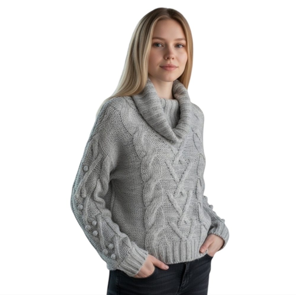 Femme by Design Grey Cowl Neck Chunky Sweater w Popcorn Knit Sleeves size medium